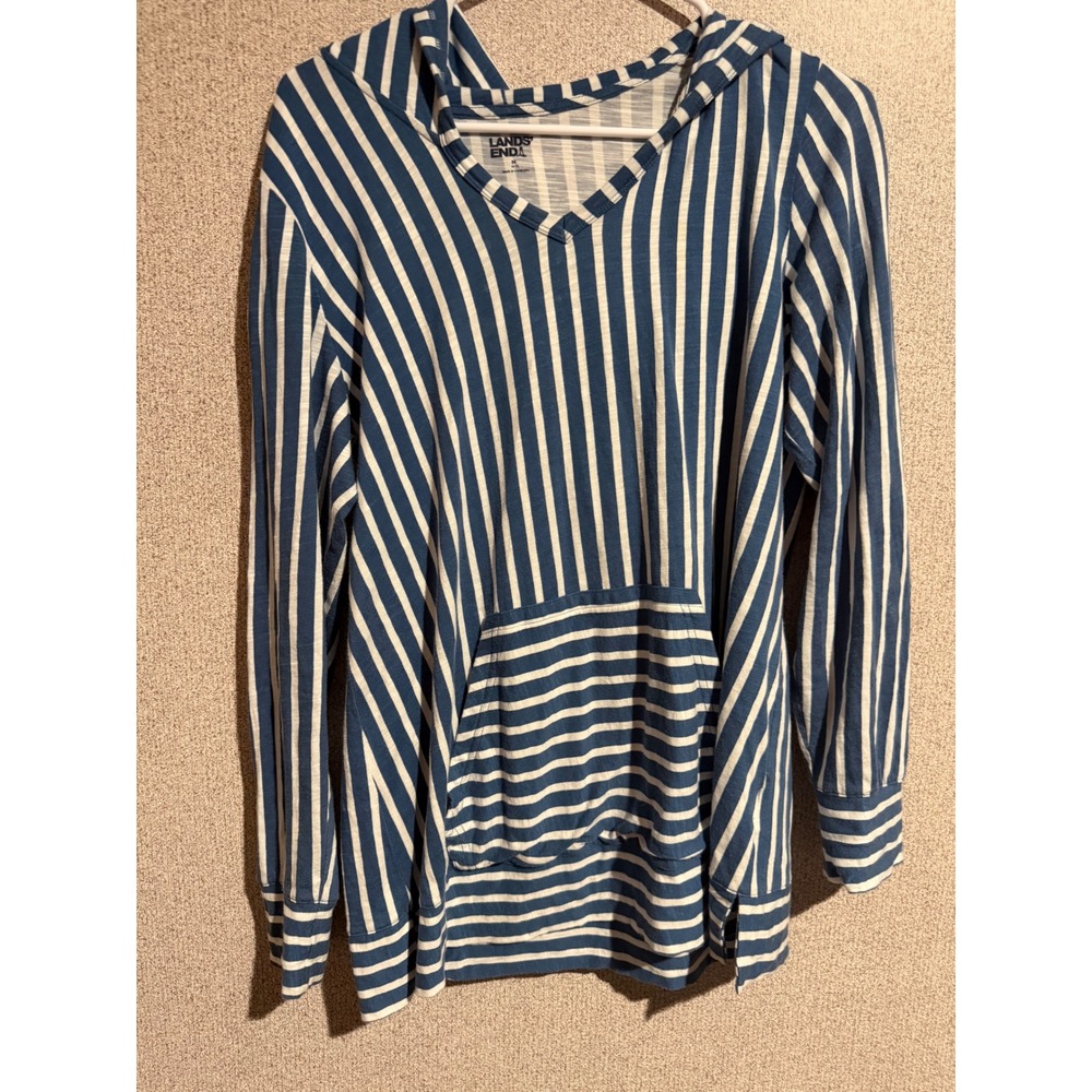Lands End Womens Blue White Striped Hooded Long Sleeve Tee Shirt M 10-12โ Cotton